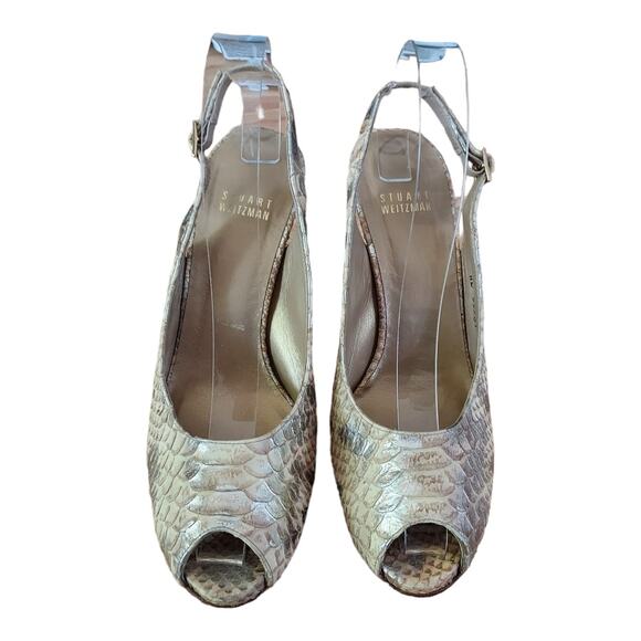 Stuart Weitzman Snakeskin Peep Toe Slingback Wood Platform 5" Pump Heels Sz 7.5 - Picture 6 of 10